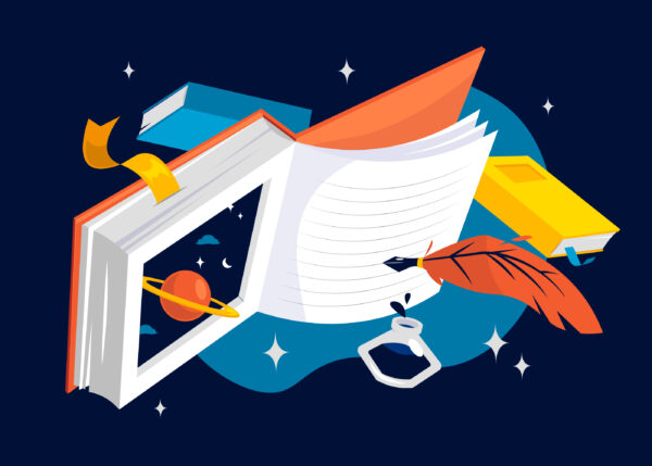 Illustration of books and writing tools