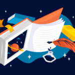 Illustration of books and writing tools